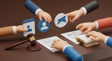 3D Render of Legal and Digital Identity Verification Process:  Hands Interact with Documents, Gavel, and User Icons, Representing Online Identity Verification, Data Protection, and Legal Compliance