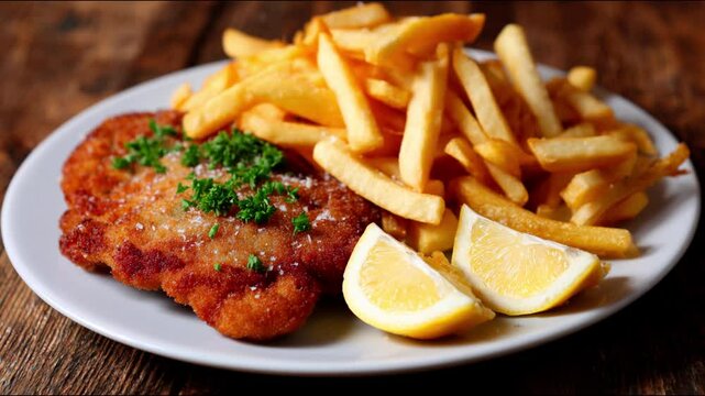 Golden, crispy fried cutlet and french fries served on a plate.