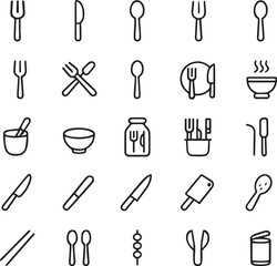 Eating tools icon set line art vector illustration. Different eating instruments symbol collection.