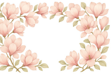 Fototapeta premium Elegant frame made of blooming pink magnolia flowers and leaves, perfect for spring designs on a transparent background