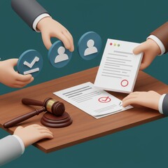 3D Illustration Legal Documents Review Process Gavel Judge Contract Agreement Justice Court Lawsuit