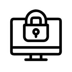 Black line icon of a computer monitor with a padlock, symbolizing ransomware attack or system encryption threat.
