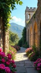Sun-drenched Spanish castle ruins, spring blooms , sunny, sunlight, Europe