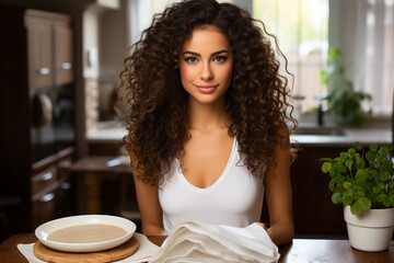 A smiling young brunette woman enjoys a morning coffee at a cafe table