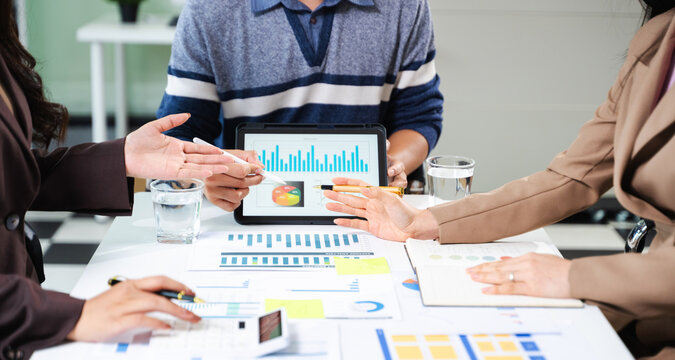 Business team meeting. professional investor working new start up project. Finance task. with smart phone and laptop and digital tablet