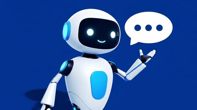 Friendly AI Chatbot Robot waves hello, symbolizing digital communication and future assistance with its glowing interface on a vibrant blue background.