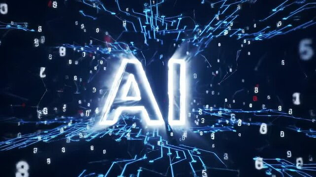 Artificial Intelligence (AI) conceptualized as glowing text amidst a vibrant digital network of data and futuristic circuit lines, embodying machine learning technology and innovation.