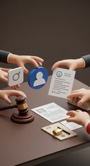 3D Render of Legal Documents Review Process:  Hands Examining Contracts, Resumes, and Legal Symbols