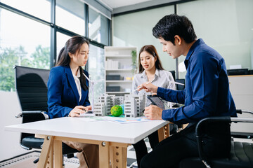 Business team working virtual modern smartphone to reduce CO2 emissions carbon footprint climate change in office