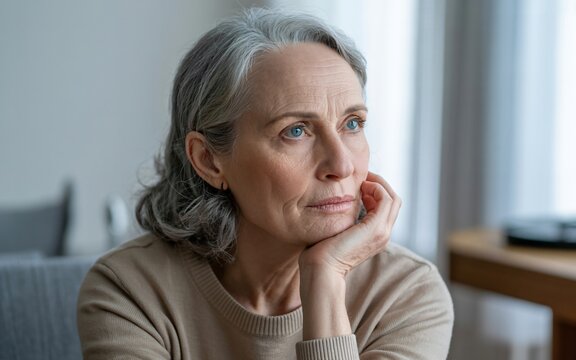 A thoughtful older woman with gray hair rests her chin on her hand, gazing off into the distance. Her pensive expression conveys a sense of contemplation and perhaps melancholy.