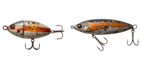 Collection of old metal sea fishing lures, isolated on a transparent background