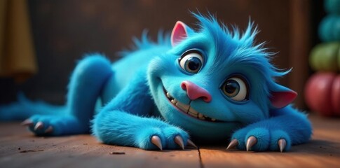 Smiling blue monster rests on its side, paws relaxed , comfort, fluffy, media
