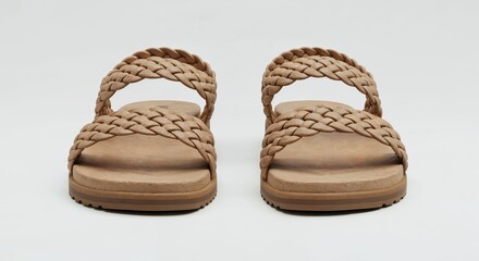 Braided sandals isolated on white background, summer footwear, woven straps, front view