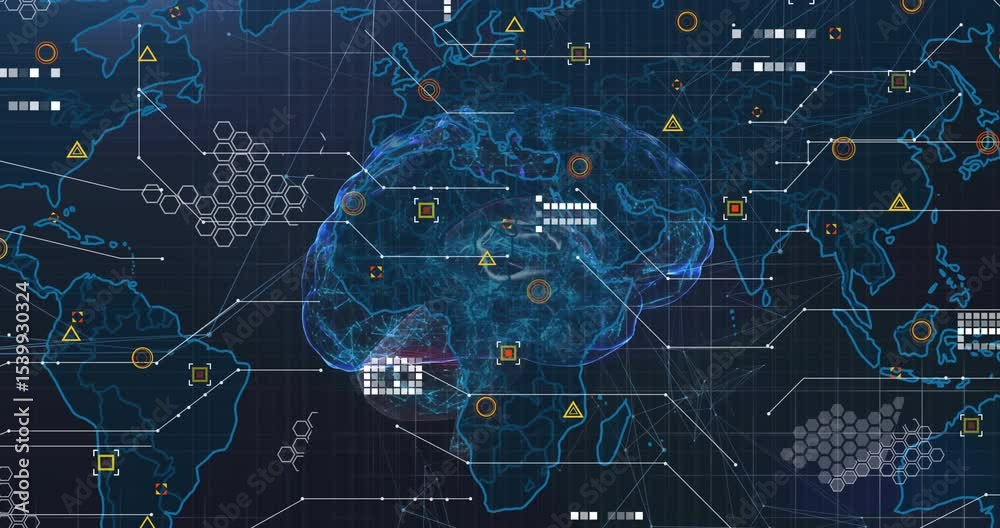 Poster translucent brain network appearing over map, pulsing forming hud blocks linking data connections
