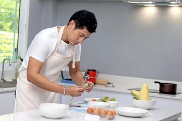 Asian man with apron preparing healthy breakfast meal in the kitchen. Happy man cooking food in...