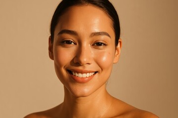 Portrait of young woman with clean glowing skin smiling at camera. Natural beauty and skincare concept on neutral beige background