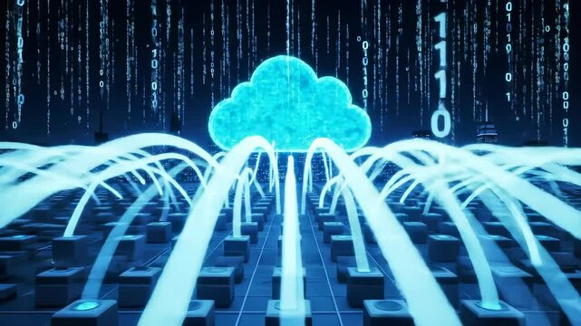 Cloud computing orchestrates a vast data transfer network, connecting devices across a global digital landscape with advanced technological streams, symbolizing modern connectivity and innovation.