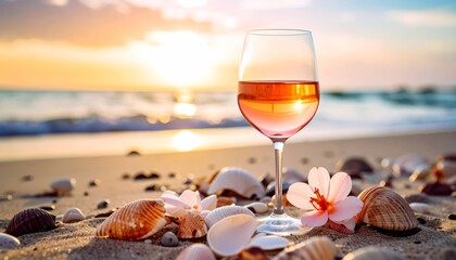 Two glasses of delicious wine, red or white, share a table with delicate seashells, evoking a gourmet summer holiday sunset
