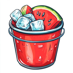 Watermelon and Ice in Red Bucket – Summer Refreshment Illustration