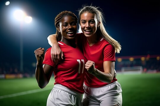 Capturing the raw emotion and camaraderie of women's sports, two happy female athletes celebrate a victory together on a floodlit soccer field.