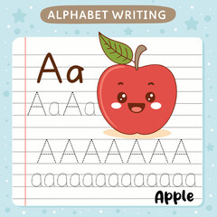 Adorable apple character with alphabet writing practice for children's education.