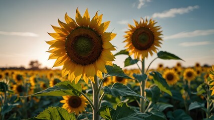 Obraz premium Sunflowers swaying in a field under a bright