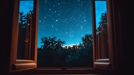 Night sky full of stars seen through open window