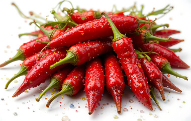 Closeup of glossy red chili peppers with green leaves