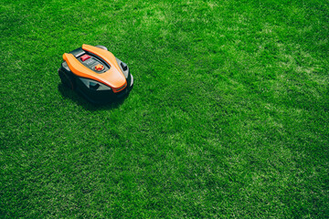 Automatic robotic lawn mower on a green lawn top view. Grass lawn mower robot in sunny summer day