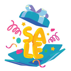 Flat cartoon vector of an open gift box with big yellow SALE balloon letters, festive ribbons, and confetti. Ideal for marketing, holiday sales, discounts, and promotions with vibrant cheerful element
