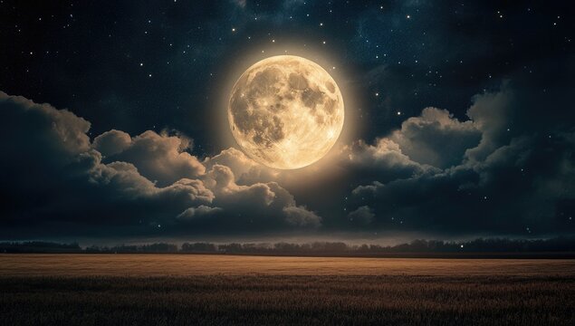 Full moon over a field at night