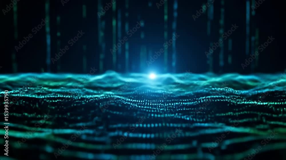 Leinwandbilder Digital light particles create abstract technological waves with falling data streams. Moves towards the viewer, zoom. Big data visualization for science and innovation.
