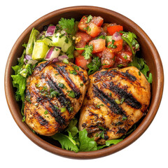 Grilled chicken and salad on transparent background.