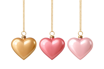 Three hanging heart ornaments isolated on transparent background