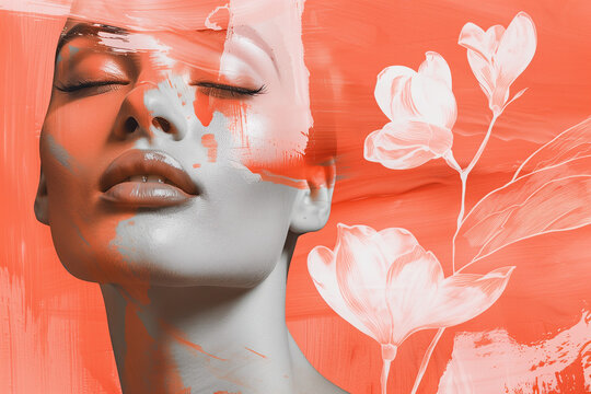 A woman with closed eyes showcases serene beauty, blended with floral artwork on an orange backdrop