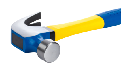 Close-up of a blue-yellow hammer tool.
