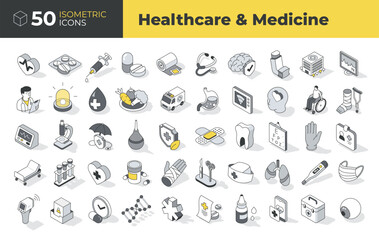 Naklejka na ściany i meble Isometric icon set illustrating healthcare, medical tools, diagnosis, treatment, emergency, and patient care. Ideal for apps, dashboards, infographics, and health-related content