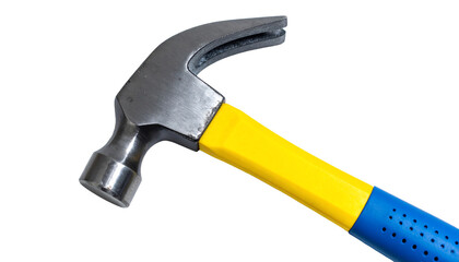 A close-up of a sturdy hammer with yellow handle.