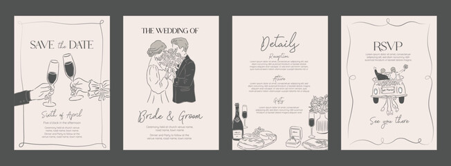 Collection of Wedding Invitation Hand drawn sketch Minimalistic Vector Illustration background template of couple wine and just married car