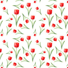 Elegant Pattern Of Red Tulips With Green Leaves On White