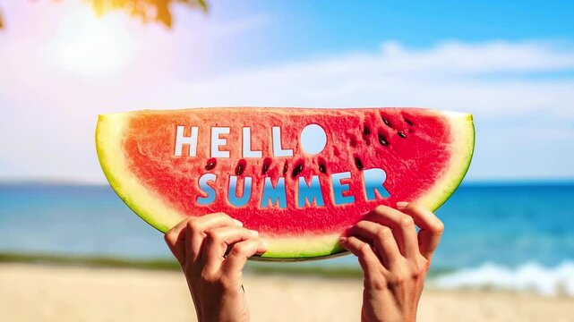 A woman holds a slice of watermelon with the words " Hello summer " written on it with the sea in the background. An idea of ​​fun and excitement for the summer season.Vacation concept.	