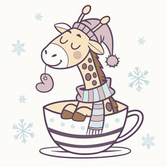 Frosty Winter colored Giraffe with a Happy touch, placed in a Cozy winter theme and styled with in a teacup