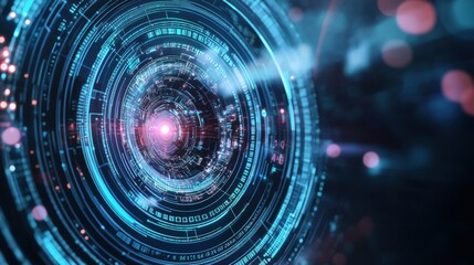 Fototapeta premium Futuristic digital interface with circular HUD elements and blue pink neon colors. Technological hologram display creates cyberpunk atmosphere. Science fiction concept