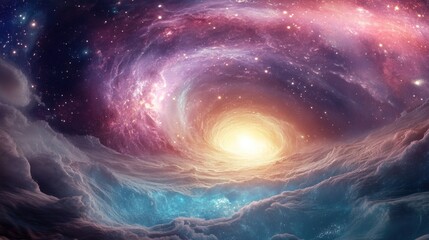 Cosmic wormhole tunnel in space with purple pink golden colors and bright stars. Galaxy universe creates magical ethereal atmosphere with swirling nebula formations