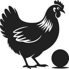 Silhouette of a chicken standing next to a black ball on a white background in a simple illustration