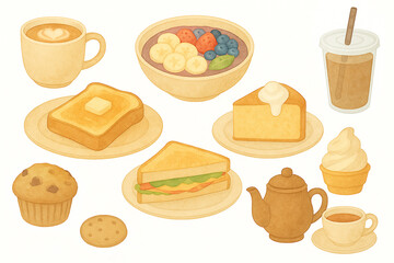 やさしい水彩風のカフェのイラストセット