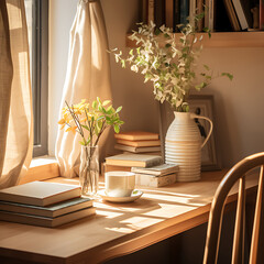 Elegant wood dining table and chairs in a luxurious home interior with warm light from a window.