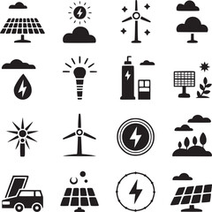 Collection of black and white alternative energy icons including solar and wind power sources shown