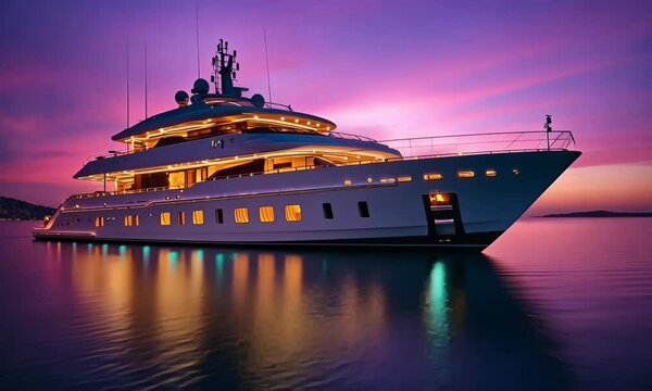 Elegant white luxury yacht docked in calm waters during a vibrant purple and pink sunset, creating a dreamy and high-end travel atmosphere.

