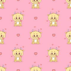 Seamless pattern with Cute Romantic Little Yellow Monster on pink background with hearts. Funny kawaii character animal. Vector illustration